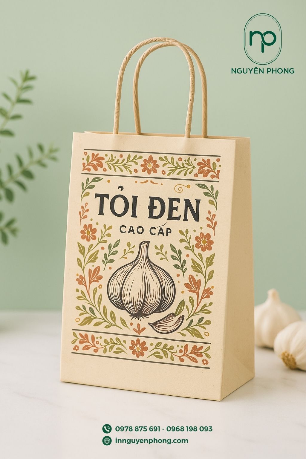 Mẫu túi đựng tỏi đen họa tiết